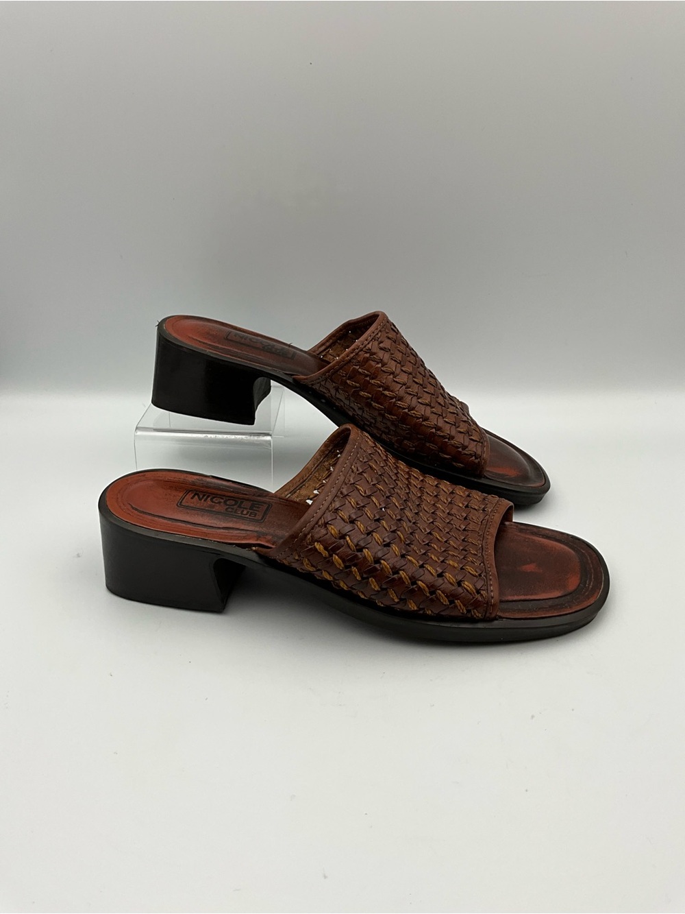 Vintage Nicole Brown Slides Size 7 Brown Woven Boho Style Leather Slide Heels